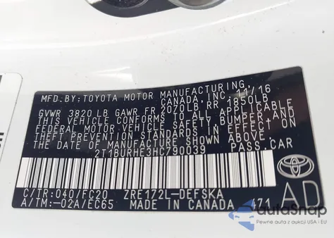 2017 Toyota Corolla Se из США, поврежденный, VIN 2T1BURHE3HC790039